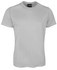A grey T-shirt with short sleeves and a round neckline, featuring a brand logo on the inside label.