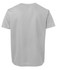 A grey T-shirt featuring a logo at the back, designed in a simple style.