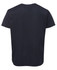 A black t-shirt with short sleeves, featuring a simple design and a branding logo.
