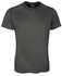A dark grey t-shirt with short sleeves and a logo on the neckline.