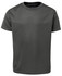 A dark green t-shirt with short sleeves, featuring a subtle texture and a logo on the neckline.