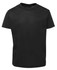 A black T-shirt with a round neckline and short sleeves, featuring a logo on the inside label.