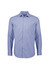 A long sleeve button-up shirt featuring a classic striped design in blue tones. The shirt has a chest pocket and a logo.
