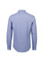 A tailored long sleeve shirt in blue with white stripes, featuring a collared neckline and button cuffs, with branding.
