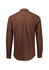 A long-sleeved, brown button-up shirt with a back yoke and buttoned cuffs, featuring a subtle texture and a branding logo.