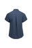A short-sleeve women's button-up shirt in navy blue, featuring a back pleat and a collar. It has a logo on the fabric.