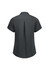 A women's short sleeve button-up shirt in dark grey, featuring a back pleat and rolled cuffs. It has a logo.