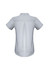 A women's button-up shirt in light grey with short sleeves and a pleat detail at the back. It features a logo.