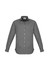 A long sleeve button-up shirt in a dark grey and white striped pattern, featuring a single chest pocket and a logo.