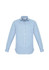 A light blue, striped long sleeve button-up shirt with a collar and a logo.