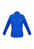 A vibrant blue women's button-up long sleeve shirt with a tailored fit and cuffs. Features a logo on the design.