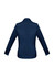 A navy blue long sleeve button-up shirt with a structured collar and cuffs. It features a branding logo.