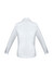 A white long sleeve button-up shirt with a collar and cuffs, featuring a branded logo.