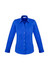 A blue women's button-up shirt with long sleeves and a fitted design, featuring a collar and buttons down the front.