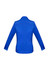 A vibrant blue women's long sleeve button-up shirt featuring a sleek design and a branded logo.