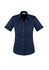 A navy blue short sleeve button-up shirt with a fitted design and a collar. It features a small logo.