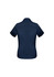 A navy blue women's short sleeve button-up shirt, featuring a smooth fabric and rolled sleeves.