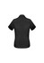 A black short sleeve button-up shirt with a smooth texture and rolled cuffs. Features a logo on the back.