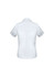 A short sleeve women's button-up shirt in light grey, featuring rolled cuff details and a logo.