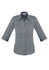 A grey ladies' 3/4 sleeve button-up shirt with a collar and a branded logo.