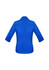 A women's button-up shirt in a bright blue colour with 3/4 sleeves and a collar. Features a logo.
