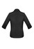 A black button-up shirt with 3/4 sleeves and a stylish collar, featuring a logo on the back.
