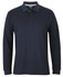 A long-sleeve navy blue polo shirt with a collar and buttoned placket, featuring a logo.