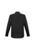 A black long sleeve button-up shirt with a classic collar and buttoned cuffs, featuring a logo on the back.