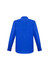 A blue long sleeve button-up shirt featuring a back view and button detailing on the cuffs.