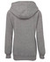 A grey hoodie featuring a hood and ribbed cuffs, with a branding logo on the back.