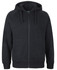 A dark green zip-up hoodie with a hood and kangaroo pockets, featuring a logo.