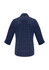A navy blue women's button-up shirt with 3/4 sleeves and a checked pattern, featuring a logo.