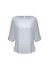 A light grey boatneck top with three-quarter sleeves and roll-up detail. The top has a subtle sheen and a back keyhole closure.