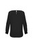 A black women's Madison boatneck top featuring long sleeves and a keyhole back detail. It has a logo on the design.