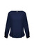 A navy women's boatneck top featuring long sleeves and a relaxed fit, with a small logo at the back.