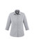 A women's button-up shirt with 3/4 sleeves in a grey check pattern, featuring a classic collar and buttons.