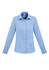 A light blue women's button-up shirt with long sleeves and a collar, featuring front buttons.
