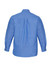 A blue men's chambray long sleeve shirt, featuring a button-up design and a single logo on the back.