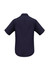 A plain navy blue short sleeve button-up shirt with a classic collar and a simple design.