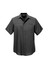 A short-sleeve button-up shirt in a dark grey colour, featuring a logo on the chest pocket area.