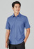 Plain short sleeve shirt in blue, featuring a button-up front and a smooth texture. Branded logo present.