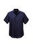 A plain short sleeve button-up shirt in dark navy with a logo on the chest.