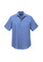 A short-sleeve button-up shirt in blue with a pocket and a logo feature.