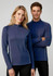 A navy blue unisex mid layer top featuring a zip neck and white side detailing, displayed on male and female models.