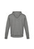 A grey hoodie with a kangaroo pocket and a hood, featuring a logo on the back.
