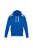 A blue hoodie featuring a zip front, drawstring hood, and white accents. It has a logo on the chest.