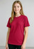 A red short sleeve tee featuring a simple design and a small logo on the front.