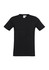 A black short sleeve tee with a V-neck design and a tag inside, featuring a logo.