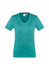 A teal women's short sleeve tee with a V-neckline and a logo on the label.