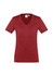 A maroon women's short sleeve tee with a V-neck design and a logo on the label.
